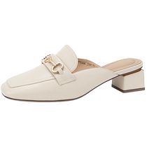 Qianbaidu Sheepskin Baotou Womens 2024 Summer New Thick Heel Mules One-Piece Wear Slippers for Commuting