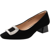 Qianbaidu Suede High Heels Spring New Single Shoes Womens Commuting Thick Heels Sheepskin Womens Shoes Shallow Mouth Evening Shoes Temperament