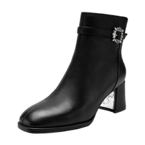 (Gift Box) Qianbaidu Womens Shoes Winter Fashion Boots Sparkling Square Diamond Slim Boots High Heels Short Boots Genuine Leather