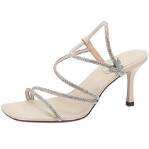 Qianbaidu Stiletto Stiletto Beautiful Fashion Sandals Womens 2024 Summer New Fashion Square Toe Diamond Belt Sandals with Skirt