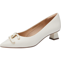 Qianbaidu womens shoes autumn new thick heel shallow mouth solid color simple commuting pointed toe single shoes one-leg evening shoes