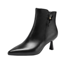 (Silent Series) Qianbaidu Womens Shoes Winter New Commuting Cream Boots Genuine Leather High Heels Fashionable Velvet Boots