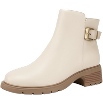 Qianbaidu genuine leather fashion boots 2023 autumn and winter new slim boots slimming short boots womens shoes thick heels increase height and keep warm