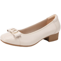 Qianbaidu medium heel single shoes for women 2024 autumn new style shallow mouth small fragrant style genuine leather shoes gentle wind evening shoes commuting