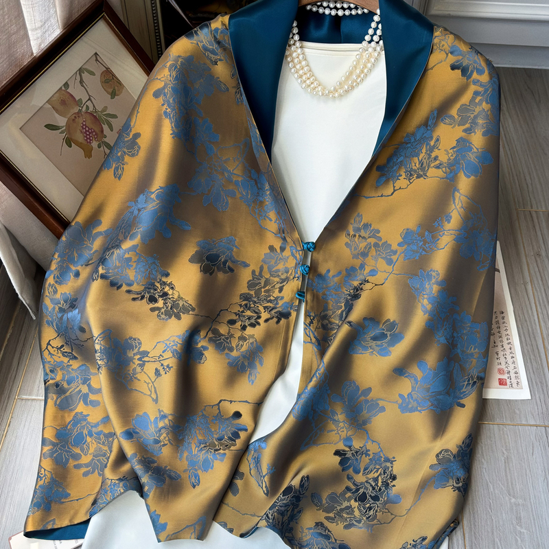 Autumn and Winter Chinese-Style Gift Silk Scarf Jacquard Satin Buckle Shawl for Elders and Mothers to Wear with Cheongsam, Elegant Scarf