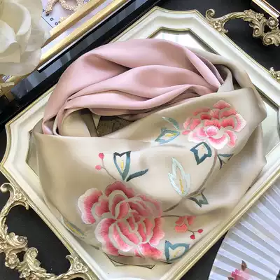 Rich champagne hollow peony shawl double silk scarf female hand embroidery mother mother mulberry silk scarf