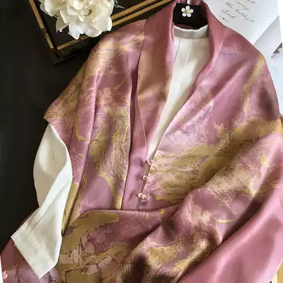 Elegant pink purple double-sided double-layer plate buckle silk scarf Women's heavy mulberry silk scarf cheongsam shawl