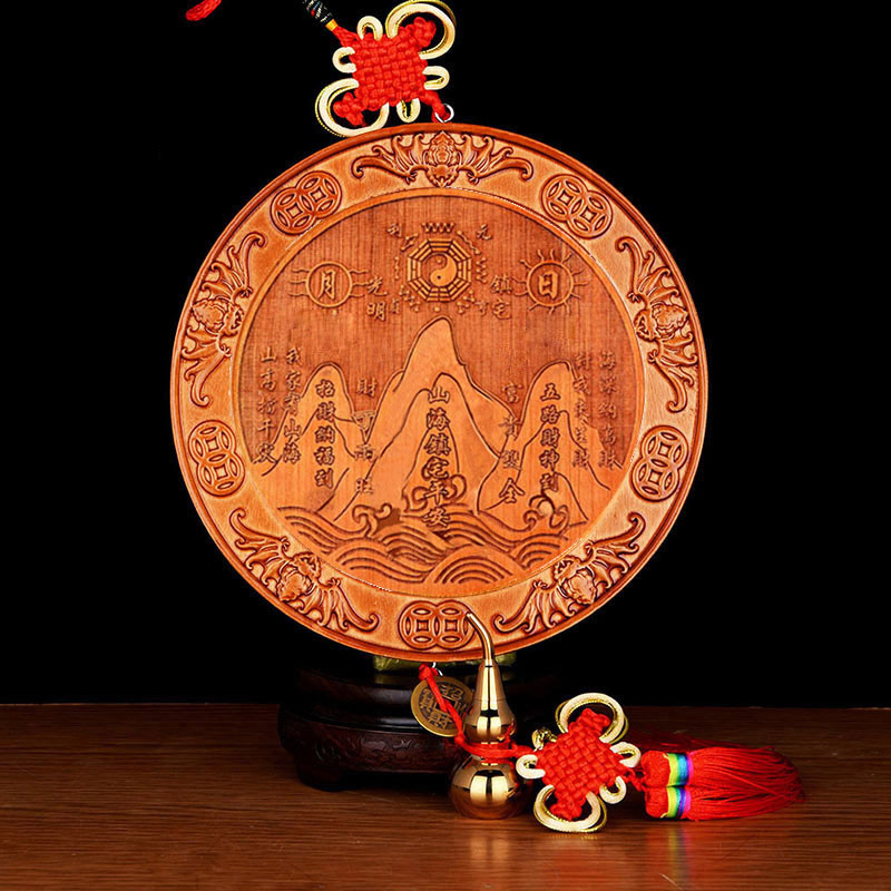 Peach wood Shanhai Town Bagua wood carving pendant house outdoor interior ornament ornament pendant drawing