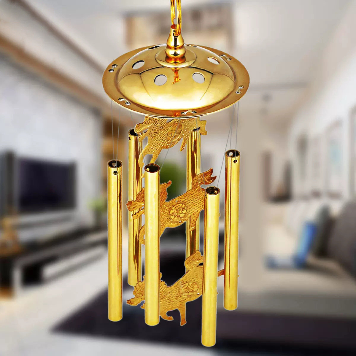 Copper Wind Chime Door Bell Pendant Hanging Ornament Six-Tube Qilin Metal Copper Bell Home Living Room Balcony Decoration Gift