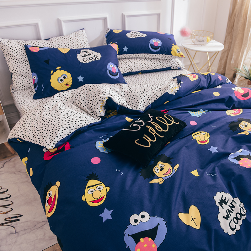 Bông denim bông phim hoạt hình Sesame Street Cookie monster Elmo phòng ngủ ba bộ khăn trải giường quilt 1,8 mét Li - Bộ đồ giường bốn mảnh chan ga goi