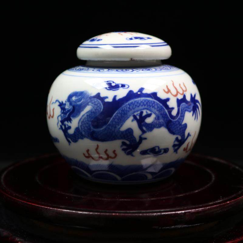 Jingdezhen factory goods imitation ancient pure hand hand-painted green flower glazed with red double dragon drama pearl small cover jar tea leaf jar ancient play