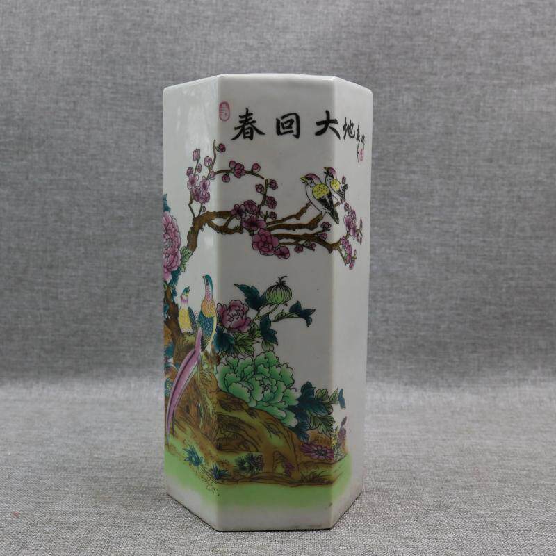 Large Clear Powder Colorful Flowers Bird Grain hexagonal hat cylinder made of old antique porcelain old factory goods Home Decorative Antique Pendulum collection