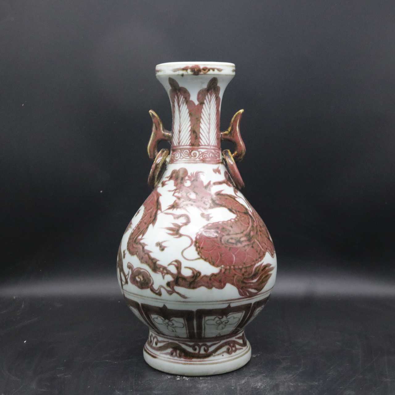 中国 釉裏紅 花文 玉壺春瓶 金継ぎ直し V R7961