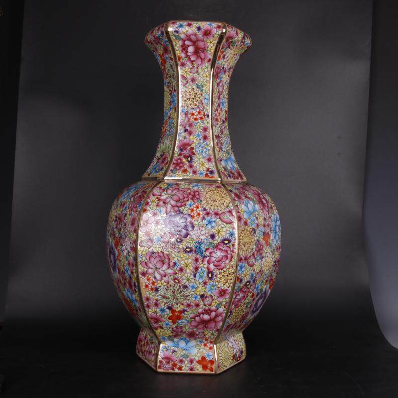 大清乾隆珐琅彩描金万花六方赏瓶家居插花瓶仿古瓷器古董古玩摆件-淘宝
