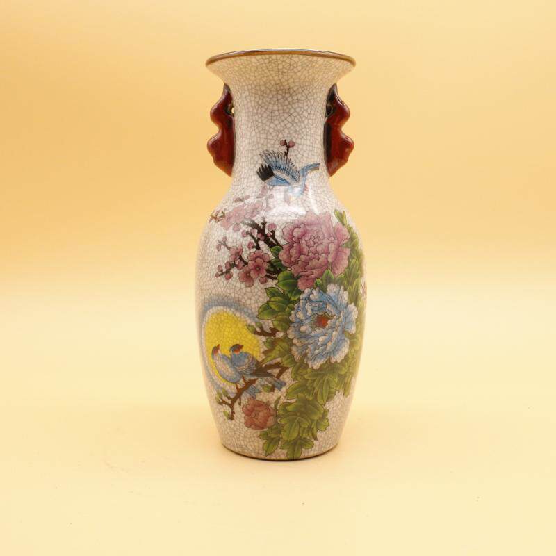 Qingganlong famille rose flower and bird picture elephant ear bottle home display cabinet antique antique decoration decoration old goods