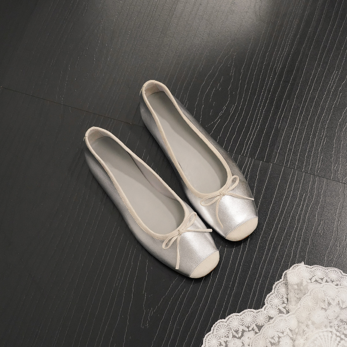 Sheepskin version ~ Square toe, shallow mouth, bow-tie ballet flats for women, sweet, soft sole, French retro style genuine leather shoes