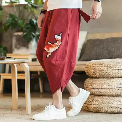 Bloomers men's loose Capri pants summer linen beach pants men's lobe pants China style cotton hemp harlem pants tide