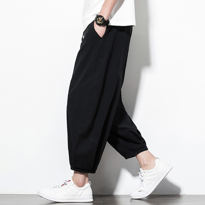 Linen pants Men's loose slim summer middle country wind beach 90% pants men's light cage pants casual large size Tubby chubby