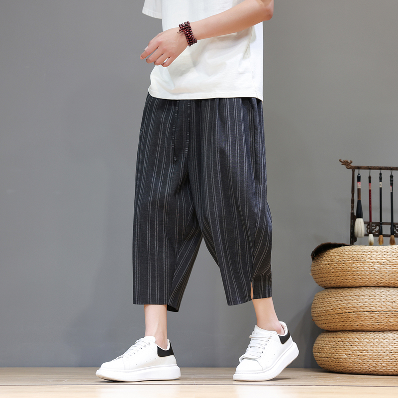 Chinese Style Striped Men's Cropped Pants, Summer Thin Loose Straight Casual Pants, Trendy Large Size 7/8 Length Shorts