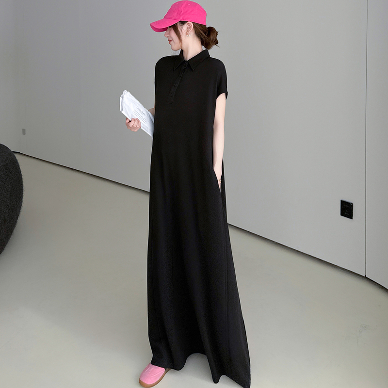 2026 High-End Polo Collar T-Shirt Dress for Women, Summer Extended Length, Over-The-Knee, Loose, Lazy Style, Ankle-Length Dress