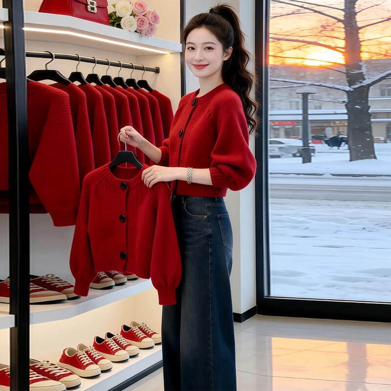 2026 Super Popular Autumn and Winter Knitwear for Women, High-End Unique Red Casual Sweater, Slimming and Elegant Base Shirt Top