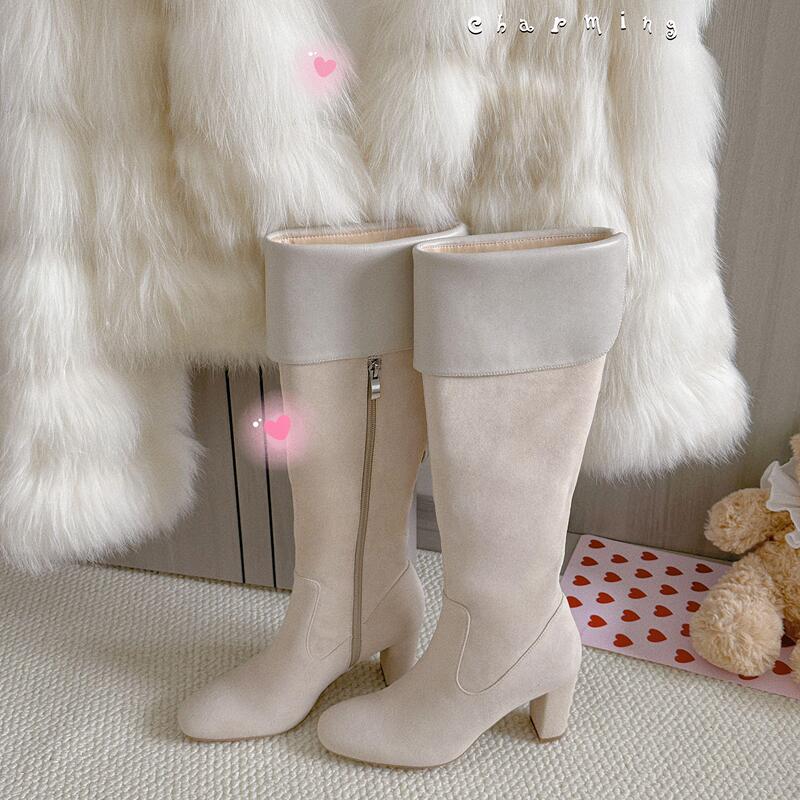 Chercher Korean Women's Lap*A Style Slim Boots, Versatile High-Tube Chunky Heel Boots for Autumn and Winter, Elegant and Slimming Long Boots