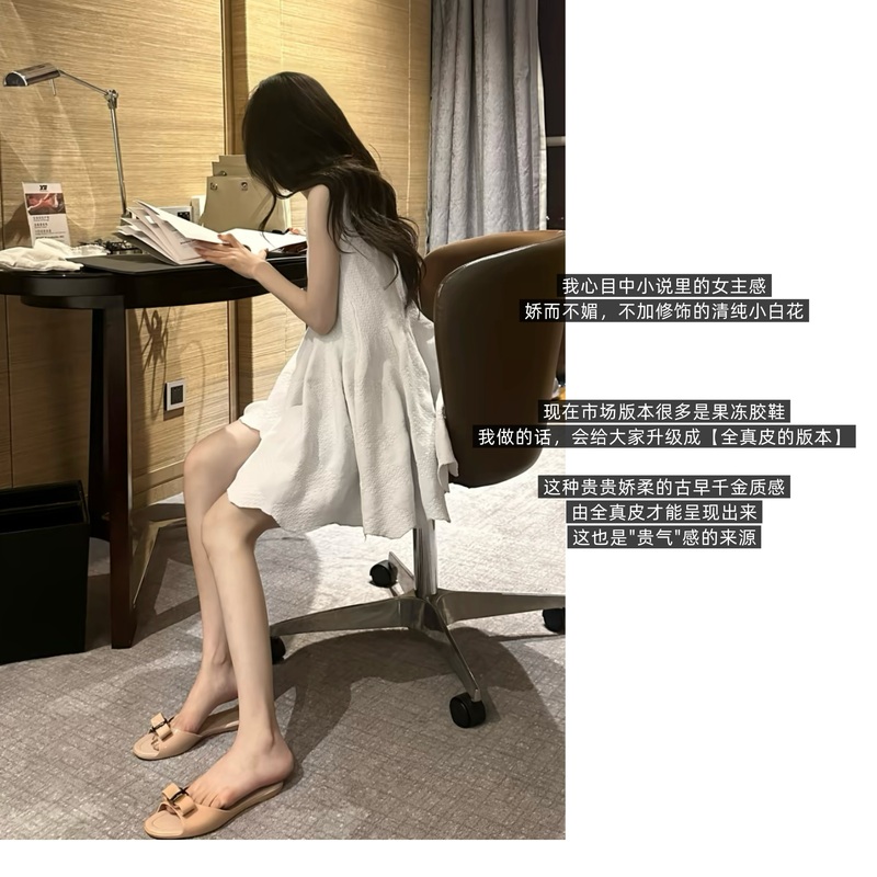 Chercher Vintage White Flower Nude Color Pure and Elegant Summer Outdoor Bow Genuine Leather Sandals Women's Shoes