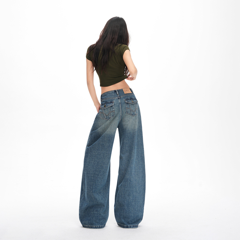26 Years of New Spring and Summer Styles, American Retro Style, No Waistband Design, Mid-Low Waist, Loose Wide-Leg Floor-Length Jeans for Women