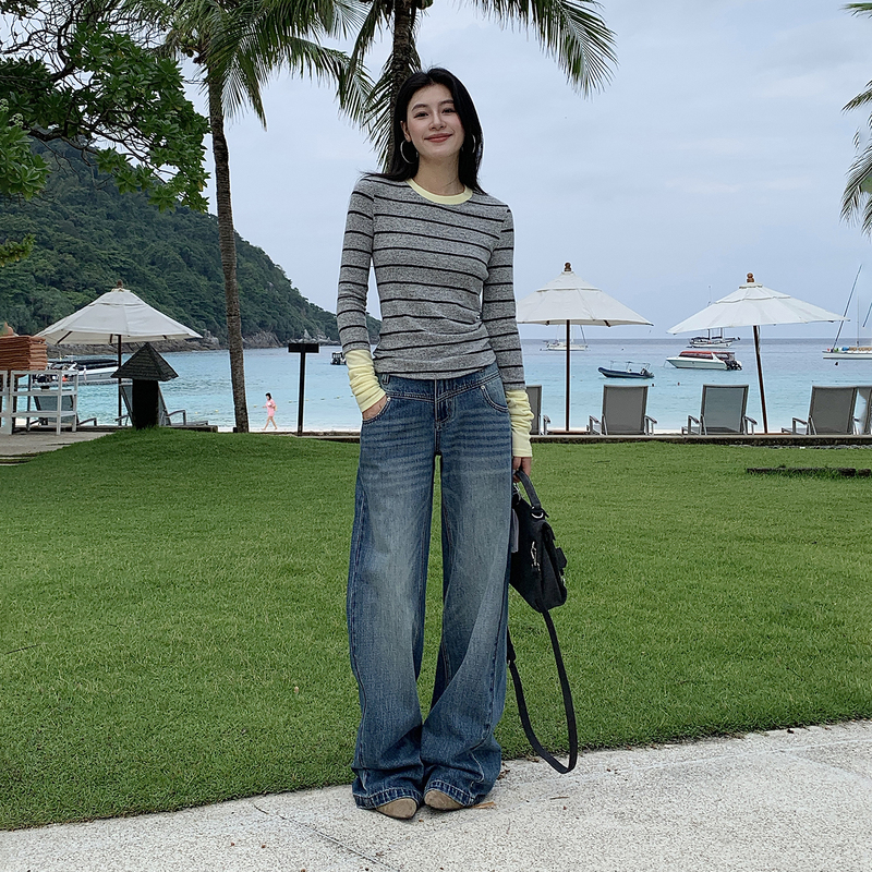 2026 Spring New Arrival American Retro Washed Jeans Straight Wide Waist Design Mid-Rise Wide-Leg Pants