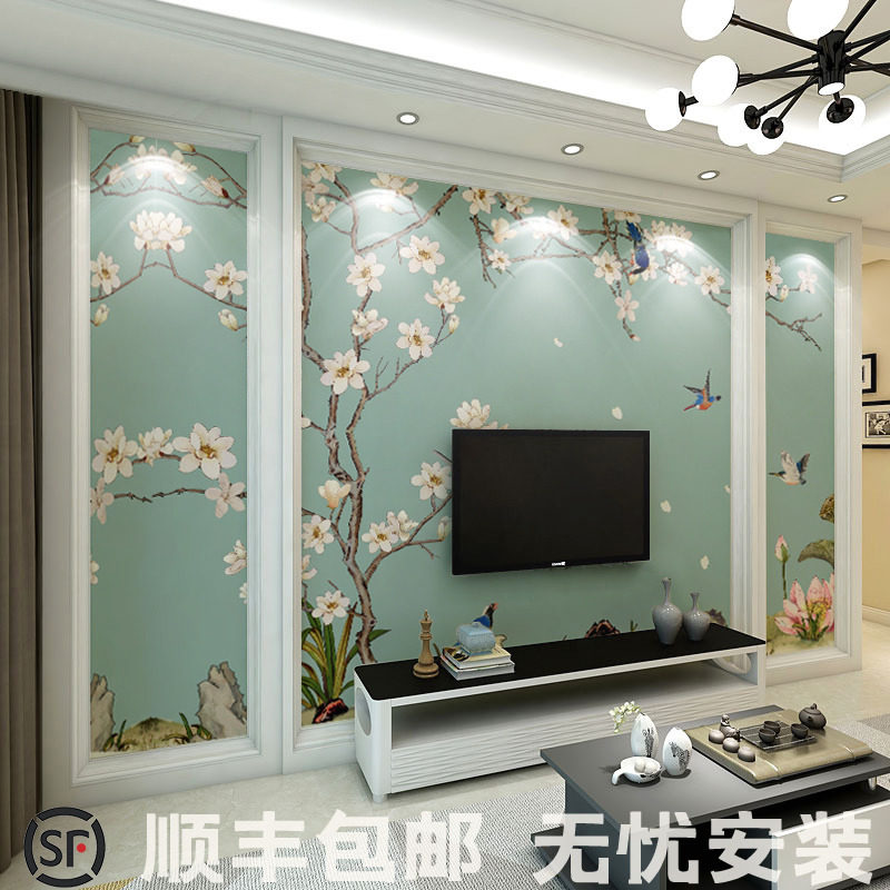 Modern minimalist living room sofa TV background wall seamless wall covering 3D classical flower and bird craft decoration wallpaper mural