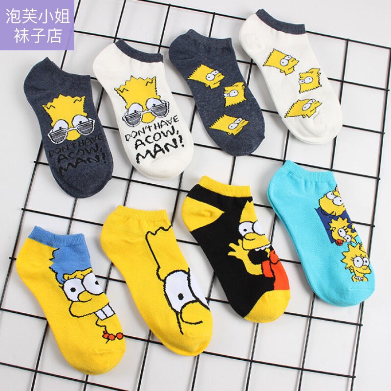 Puff 5 Double Socks Socks male and female short socks Sports Chaoters Short-cylinder Simpson cartoon pure cotton invisible socks Ins street hip