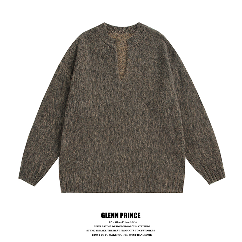Gpstudio American Style Trendy Brand Seahorse Wool V-Neck Sweater for Men, Spring Melard Brown Lazy Top Knitwear