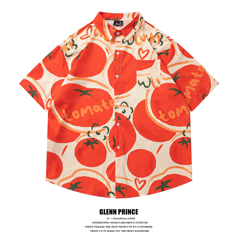 Gpstudio Japanese Retro Tomato All-Over Print Short-Sleeve Shirt for Men, New Summer Hawaiian Couple Floral Shirt Gpstudio Japanese Retro Tomato All-Over Print Short-Sleeve Shirt for Men, New Summer Hawaiian Couple Floral Shirt