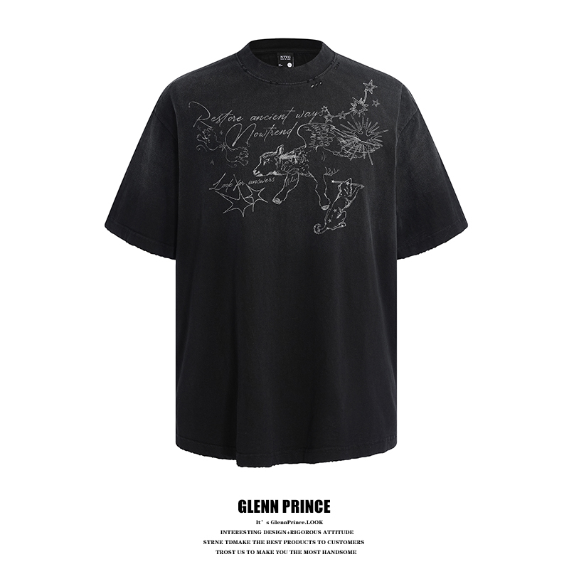 Gpstudio American Style 300g Heavy Washed Distressed Hand-Painted Printed Short-Sleeve T-Shirt for Men Summer ins Street Top