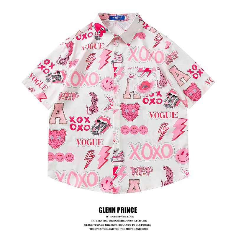 Gpstudio Dopamine Fun Cartoon Pink Short-Sleeved Shirt Men's Summer Design Casual Vacation Floral Shirt