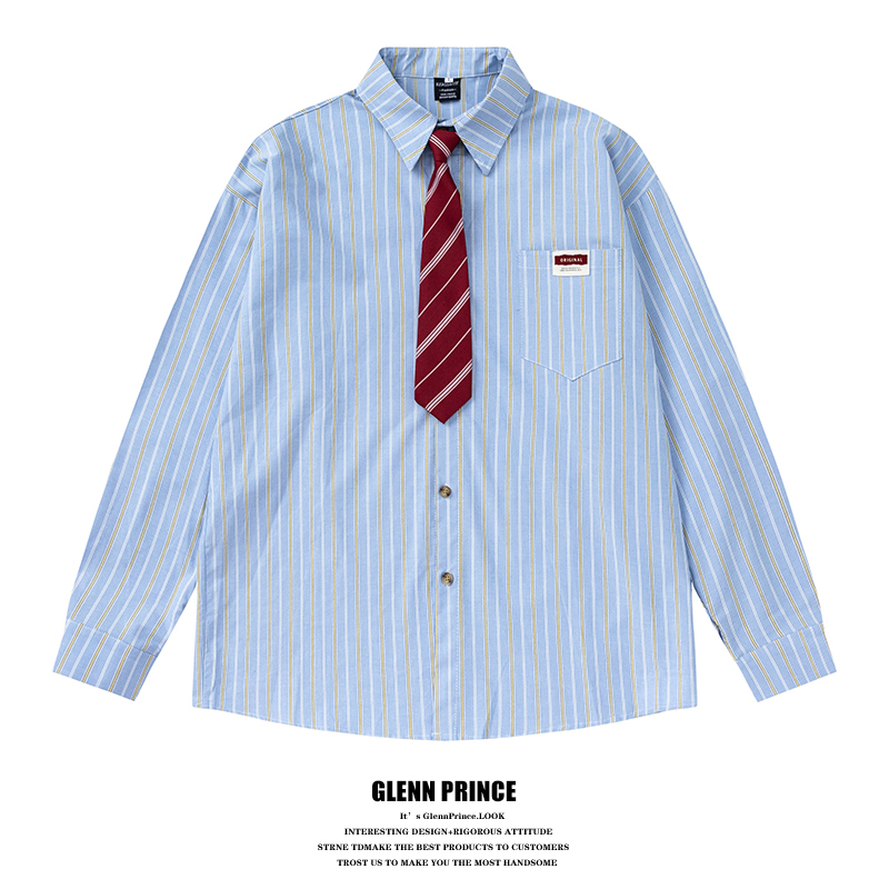 Gpstudio College Style Couple Tie Striped Shirt Men's Loose Casual Long-Sleeved Trendy Brand Pure Cotton Shirt Jacket Gpstudio College Style Couple Tie Striped Shirt Men's Loose Casual Long-Sleeved Trendy Brand Pure Cotton Shirt Jacket