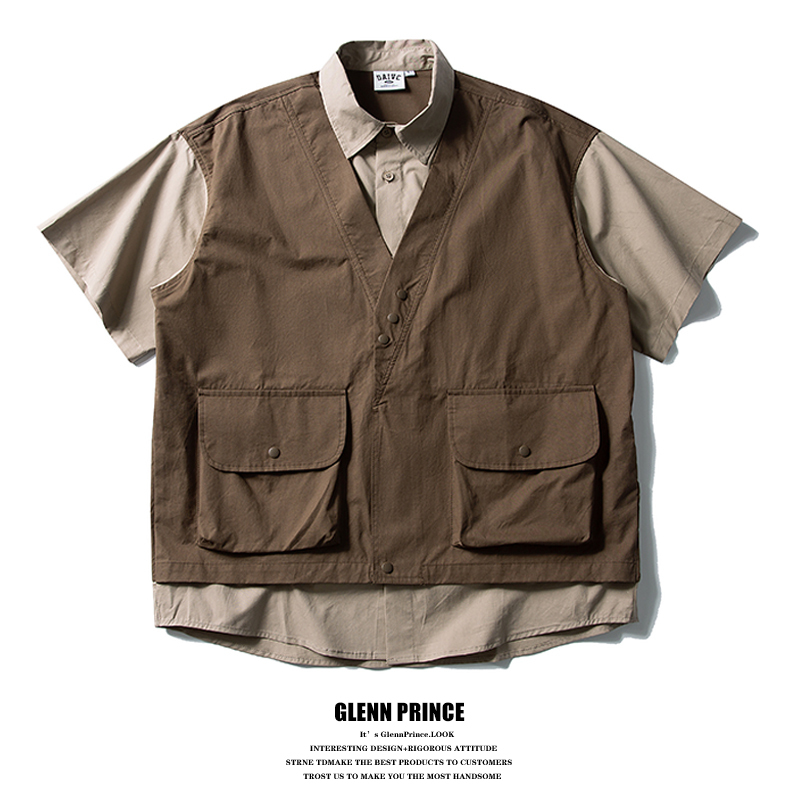Gpstudio Japanese Retro Color-Blocking Fake Two-Piece Vest Short-Sleeve Shirt Men's Summer Casual Work Shirt