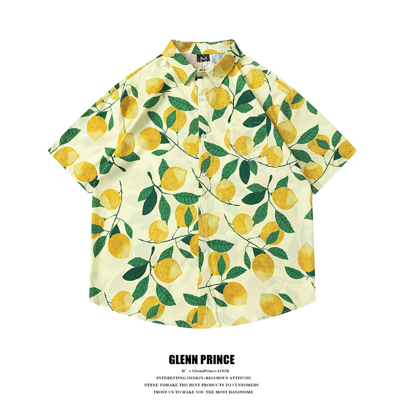 Gpstudio Summer Trendy Brand Lemon All-Over Print Short-Sleeve Shirt Men's Hawaiian Loose Beach Casual Hong Kong Style Shirt