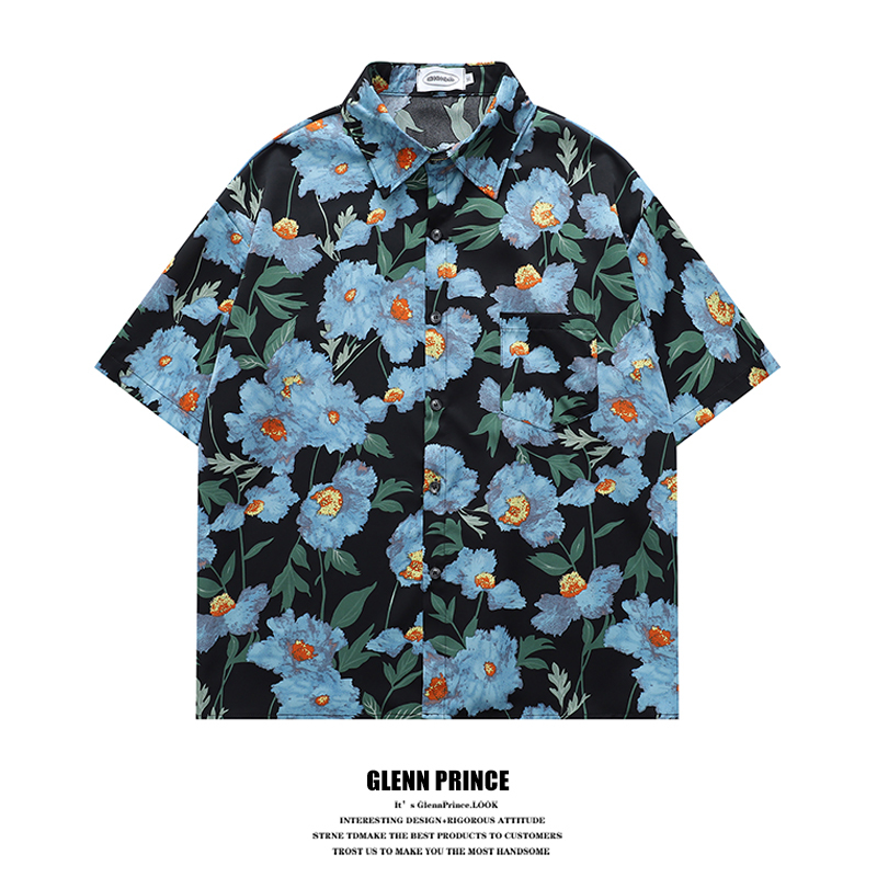 Gpstudio Hong Kong Style Retro Blue Oil Painting Floral Shirt for Men 2026 Hawaiian Lazy Style Beach Short-Sleeved Shirt Gpstudio Hong Kong Style Retro Blue Oil Painting Floral Shirt for Men 2026 Hawaiian Lazy Style Beach Short-Sleeved Shirt