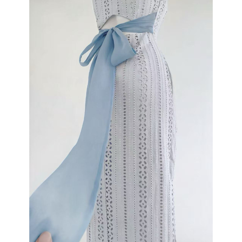 【Plain Blue】French Retro Hollow-Out Dress, Summer Sleeveless Elegant Mid-Length Dress, New Slim-Fit Photo Shoot Blue Dress