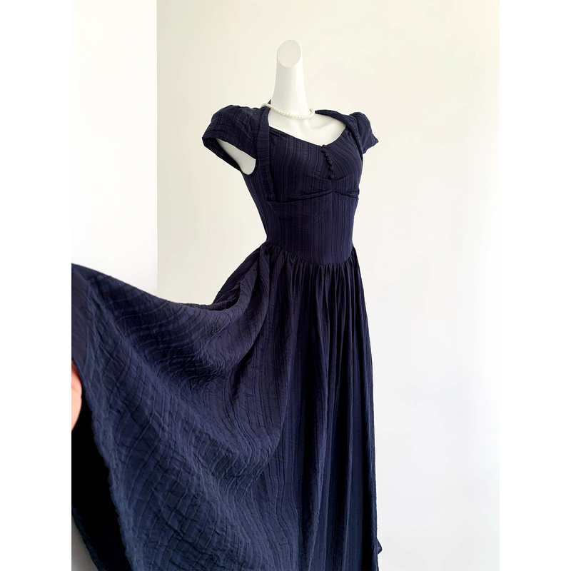 【Tibet Blue Manor】French Retro High-End Dark Blue Dress, New Summer Style, Elegant Waist-Cinching Slimming Long Dress 【Tibet Blue Manor】French Retro High-End Dark Blue Dress, New Summer Style, Elegant Waist-Cinching Slimming Long Dress