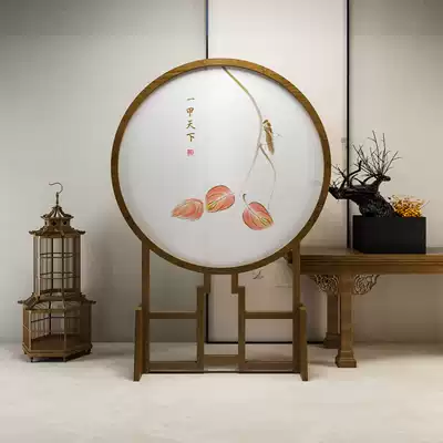 Chinese style screen partition living room entrance occlusion household tea room simple decoration round mobile hollow solid wood seat screen