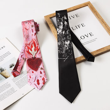 Yohji Yamamoto Japanese Style Floral and Bone Print Tie, Unisex, Japanese Dark Style, Pink Flame Heart