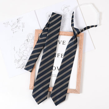 Japanese-Style Pre-Tied Shirt Collar and Tie for Women, Navy Blue Striped Student Uniform, Hand-Tied Tie for Men
