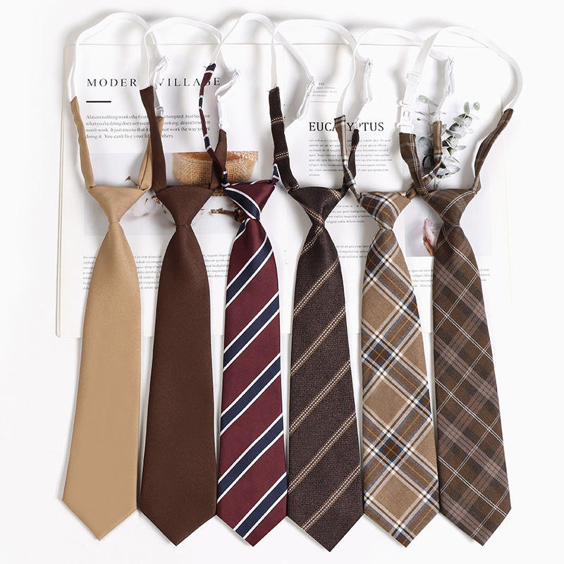 Japanese Jk School Style Brown Retro Tie for Women, No Need to Tie, Burgundy Shirt Accessory, Versatile Black Stripes
