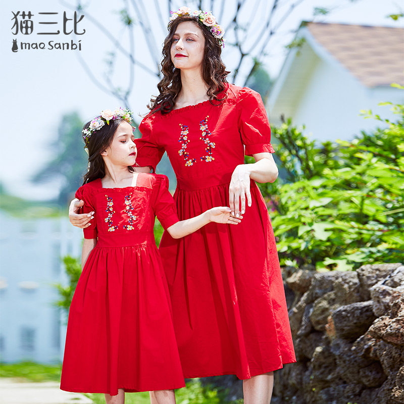 Fan-style pro-son dress for the summer 2022 Mother women dress Princess Dresses red embroidered girl beach dresses