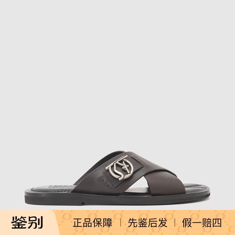 In Stock Ferragamo Spring/Summer New Leather Cross-Strap Flat Round-Toe Men's Shoes Slippers Sandals