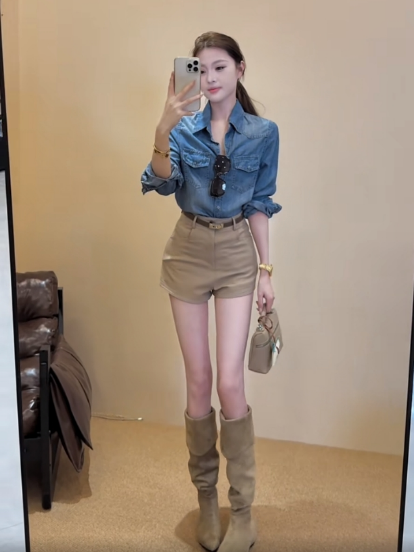 여름 아메리칸 레트로 품격 몸매 가꾸기 폴로 칼라 데님 긴팔 여성 코트 하이웨이스트 와이드 레그 팬츠 반바지 핫걸 세트 상세 이미지 7