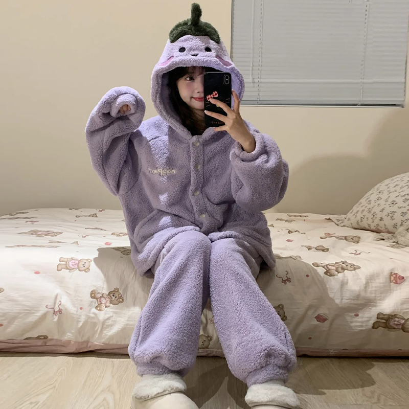 Pajamas for Women in Autumn and Winter, Coral Velvet Thickeneded Velvet Flannel, Cute Purple Eggplant Hooded Cardigan, Home Wear Set Pajamas for Women in Autumn and Winter, Coral Velvet Thickeneded Velvet Flannel, Cute Purple Eggplant Hooded Cardigan, Home Wear Set