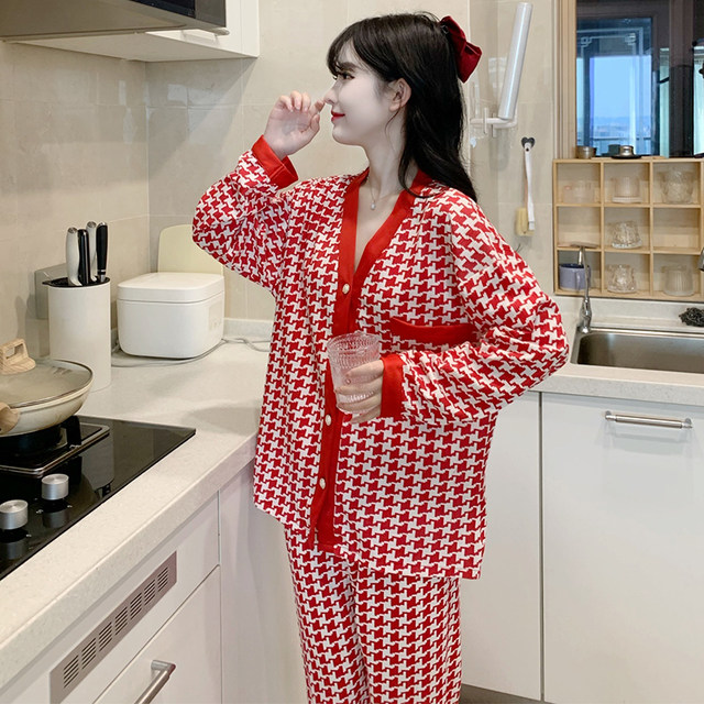 Pajamas women's spring and autumn cotton long-sleeved 2022 new red houndstooth plus fertilizer plus size homewear suit